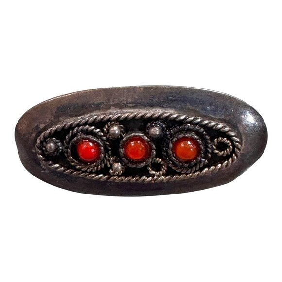 Vintage Silver Brooch Pin Ornate Red Coral Cabochons & Filigree Detailing READ - Picture 2 of 6